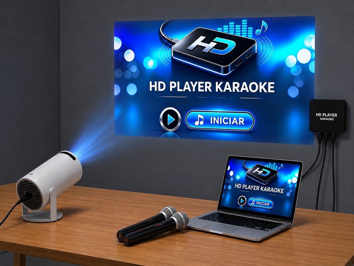 HD PLAYER + PROJETOR + MICROFONES